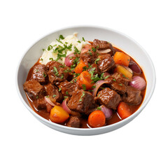 Wall Mural - bowl of beef stew with vegetables isolated on white background, ai generated