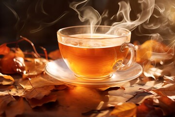 Cup of tea with steam on autumn leaves background. Cup of tea on autumn leaves