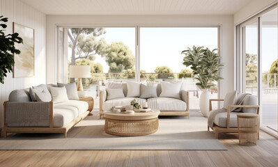 Wall Mural - Expansive Living Room with Several White Couches, Featuring a Panoramic Sea View through Large Windows, Creating a Tranquil and Stylish Retreat