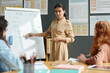 Young confident woman explaining new grammar rules to group of pupils while standing by whiteboard with Present Continuous tense
