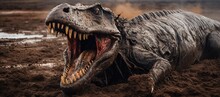 Close Up Big Sharp Teeth Dinosaur In Muddy Ground, Generative Ai