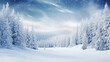 Queda de neve na floresta de inverno. Bela paisagem com abetos cobertos de neve e montes de neve. Fundo de saudação de feliz Natal e feliz ano novo com cópia