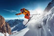 Skier Skiing Down A Mountain Slope 