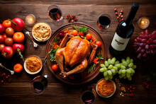Traditional Thanksgiving Dinner With Roasted Turkey On Rustic Wooden Table. Top View