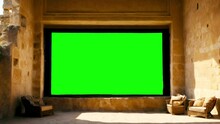 A Green Screen Or Chroma Key On A Large Window On A Wall In An Ancient Building. 4K Animation Slow Zooming To Green Screen.