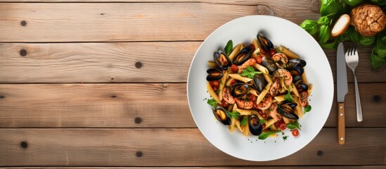 Poster - Delicious seafood pasta salad with spinach served on a white dish with vintage fork caramelized balsamic vinegar lemon slices on a rustic table With copyspace for text