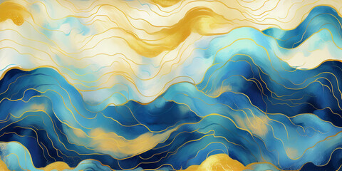 Wall Mural - Abstract blue wave with gold lines watercolor texture painting. Colorful art navy, yellow wavy ink lines fairytale background. Bright colorful water waves. Ocean beach illustration mobile web backdrop