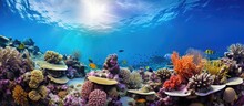 A Diver Explores A Diverse Coral Reef With Shadowed Habitats For Thriving Marine Species With Copyspace For Text