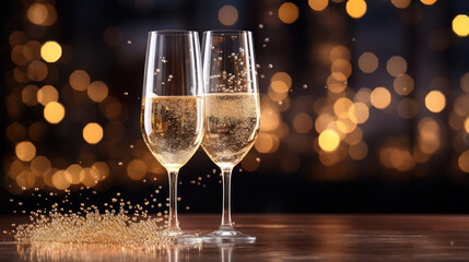 Wall Mural - Two glasses of champagne gold shining background with golden bokeh and falling glitter. New year eve, Christmas party banner template with copy space for text