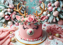 Festive Christmas Cake Adorned With Gold Reindeer Antlers And Roses. The Cheerful Cake Among A Backdrop Of Evergreen, Baubles And Snowflakes.