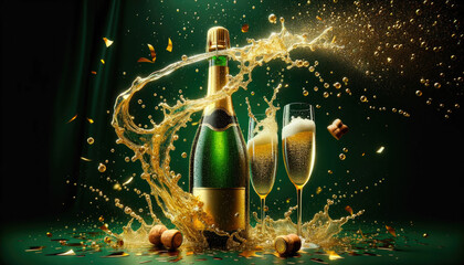 Champagne bottle popping with a splash, bubbles and droplets on green background. Two glasses filled champagne