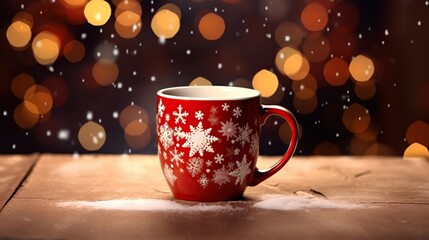  a red coffee cup with a snowflake pattern on it.  generative ai