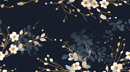 Poster -  a black and gold floral wallpaper with white flowers on a dark background.  generative ai