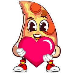 Wall Mural - vector mascot character of a slice of pizza with a big pink heart