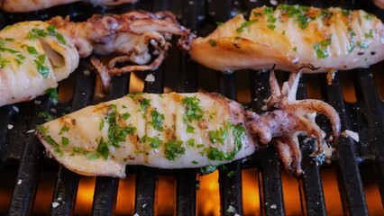 Sticker - Squid on grill, barbecue, close up. Picnic