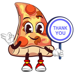 Wall Mural - vector mascot character of a slice of pizza holding a business sign that says thank you and giving an okay sign