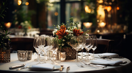 Beautifully organized event - served table banquet ready for guests, decorated table with empty plate, glasses, forks, napkin.