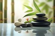 Image of a tranquil spa setting featuring stones and bamboo. Generative AI