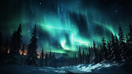 Christmas tree decoration in winter forest with northern lights in the night sky