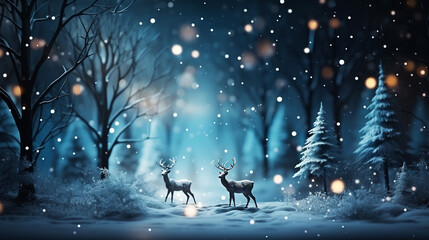 Christmas tree decoration in winter forest with northern lights in the night sky