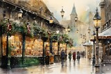 Fototapeta Uliczki - A festive Victorian market on Christmas Eve. Watercolor and ink illustration