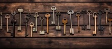 Antique Keys On A Heavily Utilized Wooden Surface With Copyspace For Text