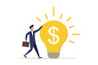 © Andrii - Happy businessman with bright light bulb idea with dollar money sign. Make profit from investment, creativity or innovation, financial idea concept.