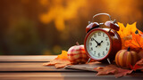 Fototapeta Tematy - alarm clock with maple leaves on wooden table. autumn background