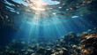 Underwater view, sun rays in background.