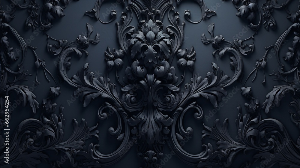A visually captivating 3D Rococo pattern background in dark black ...
