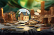 Conceptual image of searching for opportunities of investing in real estate or purchasing a house: small house model with a sign 