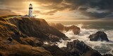 Fototapeta Krajobraz - Guiding Light: A Majestic White Lighthouse Stands Proudly at the Edge of a Rugged Coastline, Illuminating the Way for Seafarers Amidst Nature's Unyielding Beauty