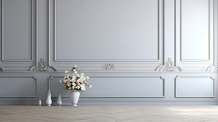 Wall Mural - Gray wall in an empty room with gray parquet floor. Classical wall molding decoration in modern empty luxury home interior. Modern style decoration..