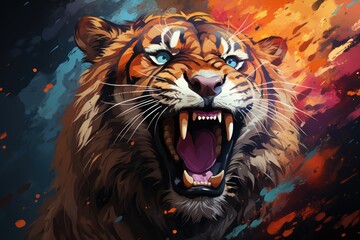 Wall Mural - A painting of a tiger with its mouth open.