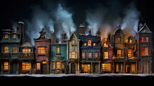 Rows Of Festively Decorated Houses With Gravity-defying Chimney Smoke And Doors That Seem To Glow