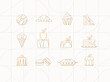 Dessert icons in art deco style donut, croissant, cupcake, sandwich, ice cream, cake, dessert, pancakes, macarons, pie jelly drawing on beige background
