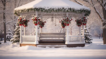 Snowy Park Gazebo With Festive Decorations Perfect For Christmas-themed Banner