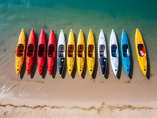 An overhead shot of colorful kayaks grouped together on a beach. 