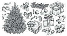 Christmas Holiday Concept In Engraving Style. Hand Drawn Vintage Sketch Vector Illustration