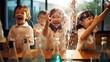 Children in a science class excitedly conducting a bubbling chemical experiment. 