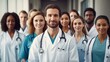 © mg photo - Young friendly doctors and nurses standing in a row in front of a clinical background created with Generative AI