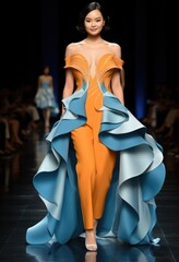 Canvas Print - A model walks down the runway in an orange and blue dress, AI