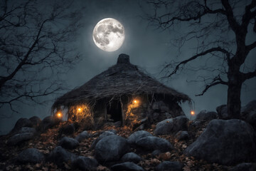 Wall Mural - halloween night, old house in mystical forest, around pumpkins, flying bats on big full moon background, scary and fabulous, dark magic