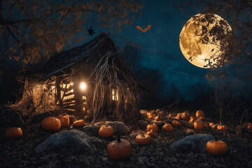 Wall Mural - halloween night, old house in mystical forest, around pumpkins, flying bats on big full moon background, scary and fabulous, dark magic