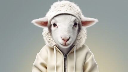 Wall Mural - Anthropomorphic baby sheep dressed in human clothing. Humanized animal concept. AI generated, human enhanced.