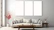 Mockup Poster Frame in Luxurious Living Room with Contemporary Design with a sleek white couch and a minimalist coffee table, three split canvas frames, Created with Generative AI, Created with Genera