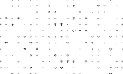 Seamless background pattern of evenly spaced black wifi symbols of different sizes and opacity. Vector illustration on white background