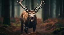 A Red Deer Stag During The Rutting Season, Its Antlers Prominently Displayed, The HD Camera Capturing The Raw Power And Intensity Of This Behavior.