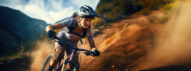 Wall Mural - Young woman riding bicycle on mountain trail, cyclist on sports bike