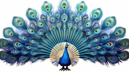 Wall Mural - A vibrant blue peacock displaying its iridescent feathers in a stunning fan-like pattern, showcasing the beauty of its intricate plumage.